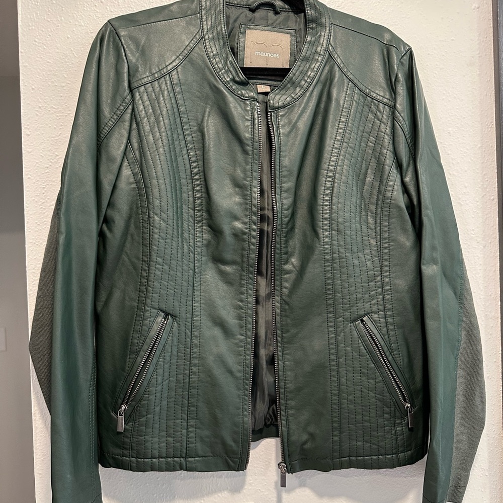 Maurices Green Leather Moto Jacket with Quilted Panels